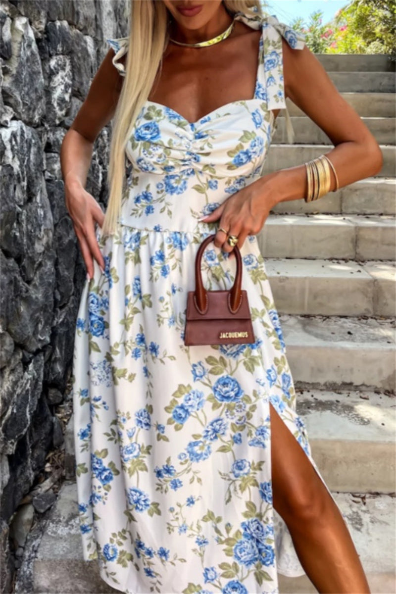 Women's Midi Dress - Sweetheart Neckline - Bow Straps - Side Slit Elegant Fit