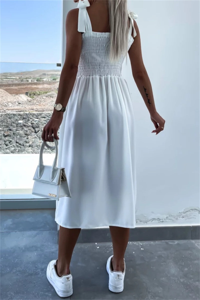 Women's Midi Dress - Sweetheart Neckline - Bow Straps - Side Slit Elegant Fit