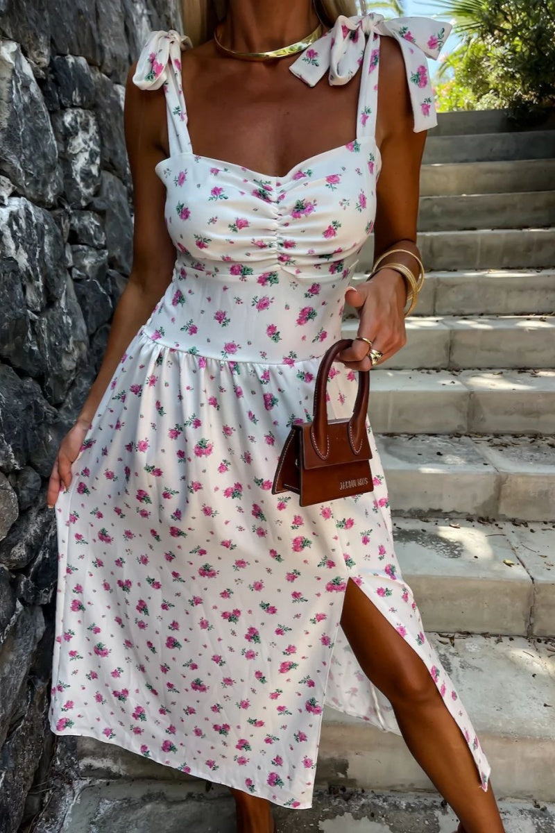 Women's Midi Dress - Sweetheart Neckline - Bow Straps - Side Slit Elegant Fit