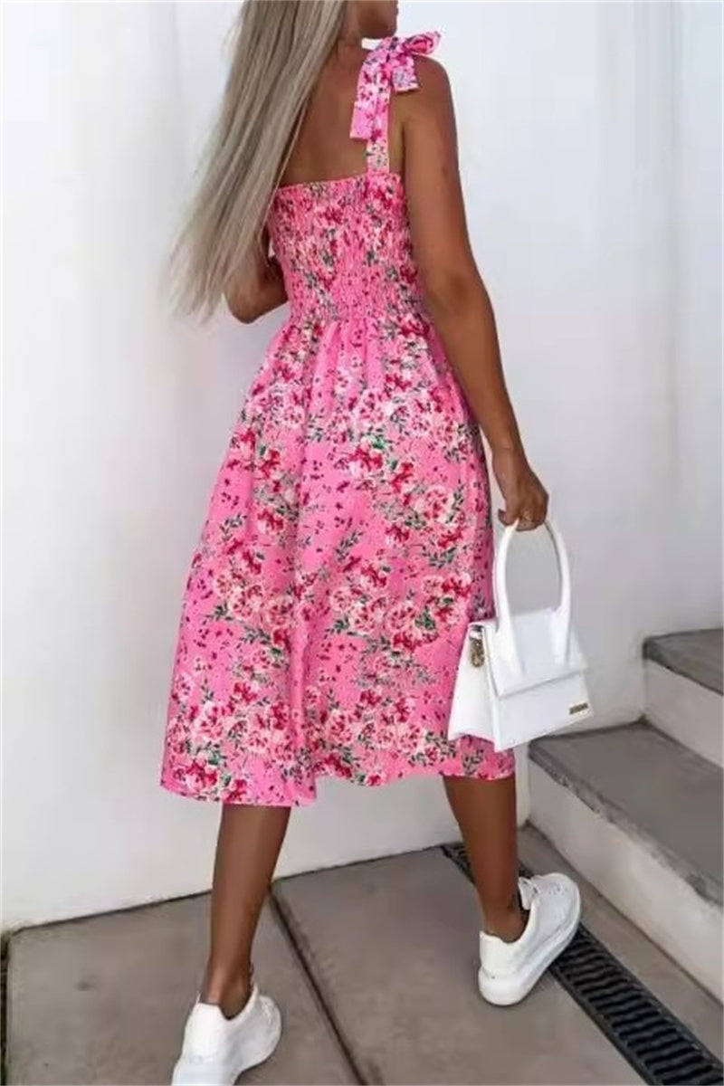 Women's Midi Dress - Sweetheart Neckline - Bow Straps - Side Slit Elegant Fit