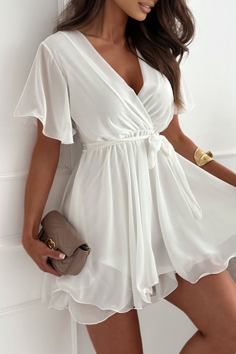 Women’s Wrap Dress - V-Neck - Flutter Sleeve - Ruffle Hem - Adjustable Tie Waist