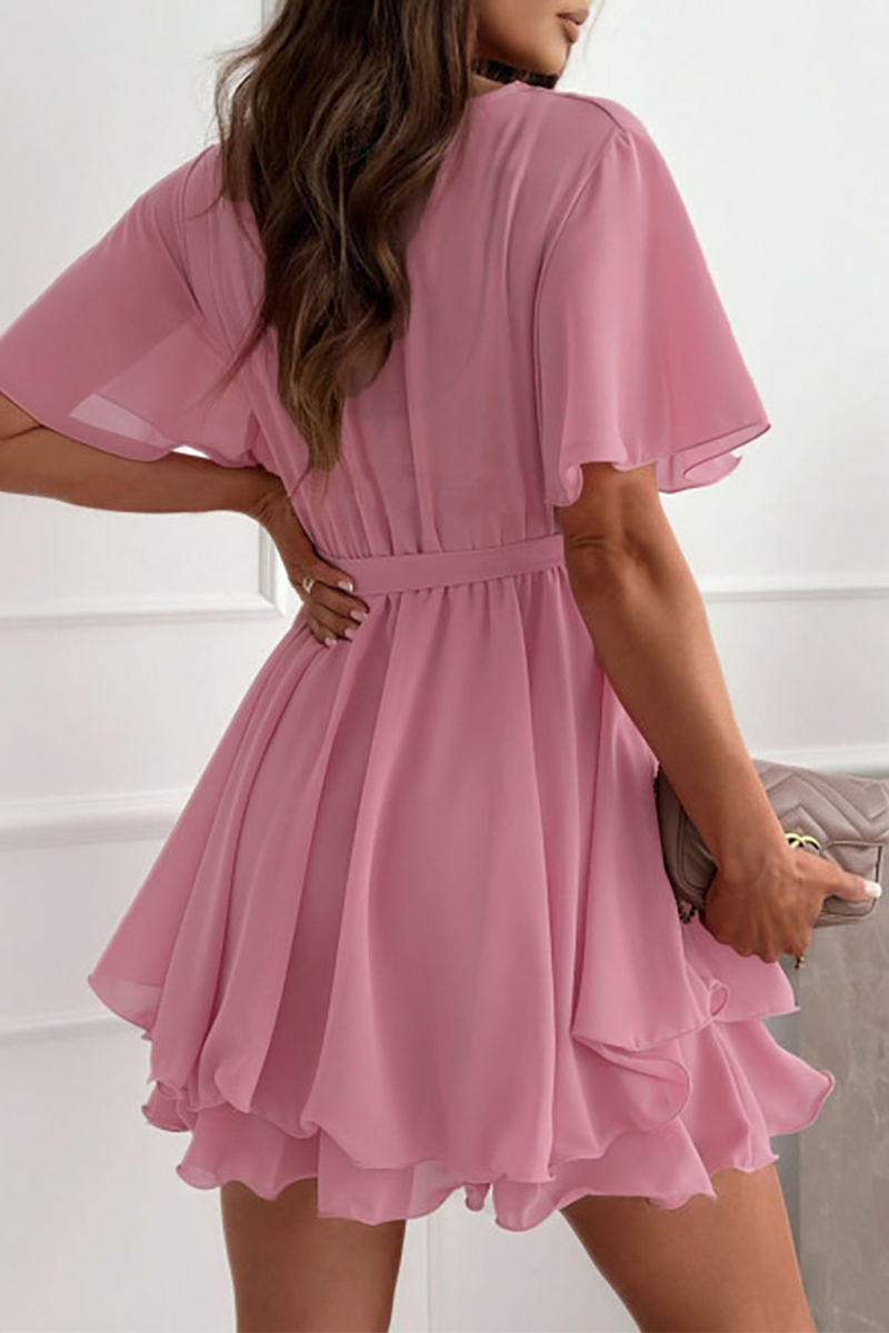 Women’s Wrap Dress - V-Neck - Flutter Sleeve - Ruffle Hem - Adjustable Tie Waist