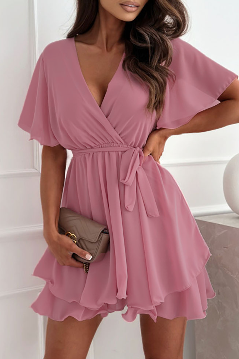 Women’s Wrap Dress - V-Neck - Flutter Sleeve - Ruffle Hem - Adjustable Tie Waist