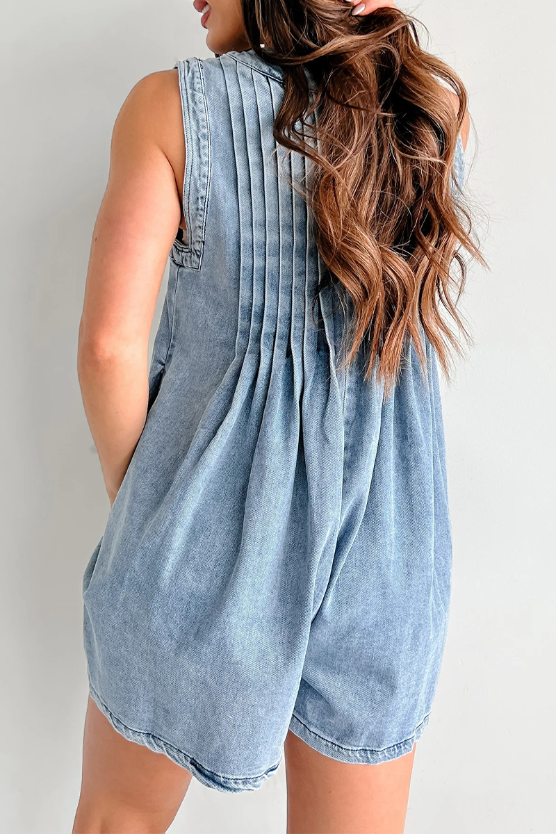 Women's Denim Romper - Sleeveless V-Neck - Tie Front - Relaxed Fit with Pockets