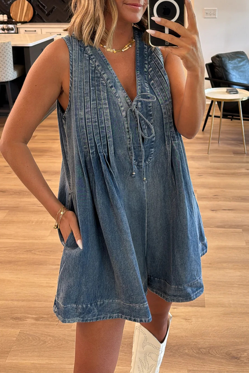 Women's Denim Romper - Sleeveless V-Neck - Tie Front - Relaxed Fit with Pockets