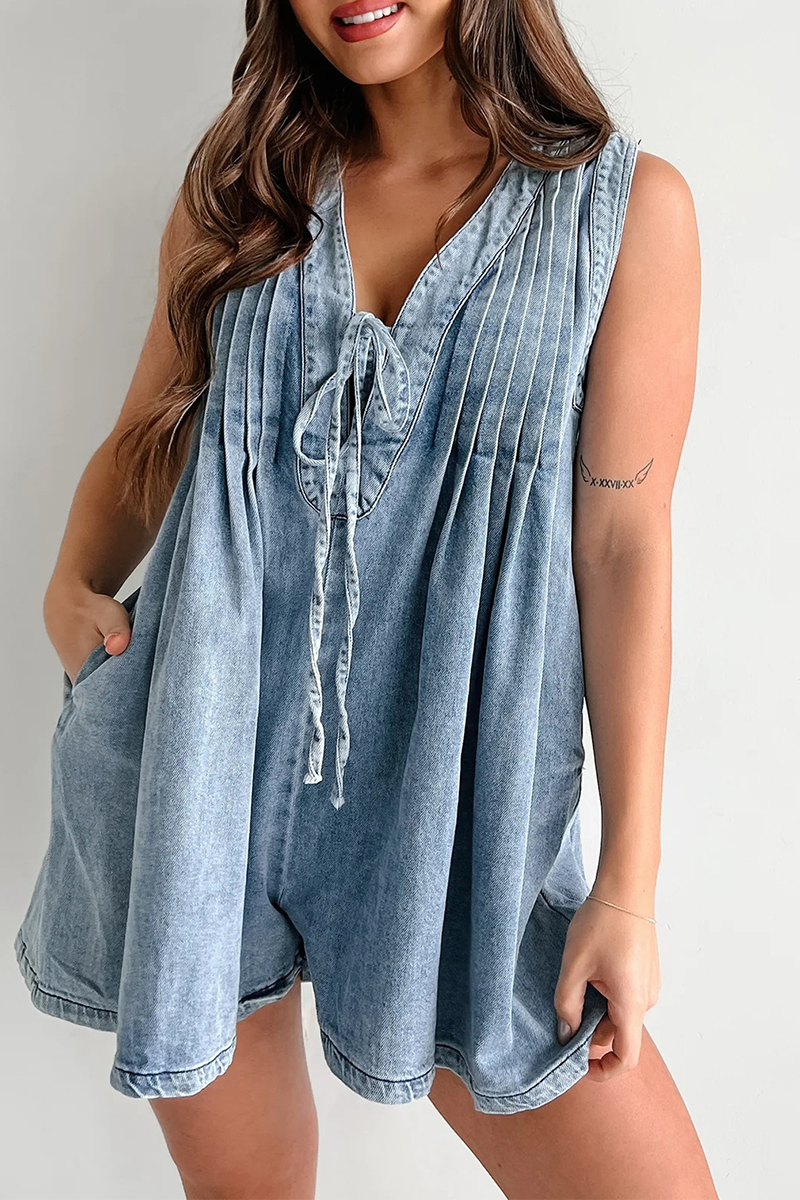 Women's Denim Romper - Sleeveless V-Neck - Tie Front - Relaxed Fit with Pockets