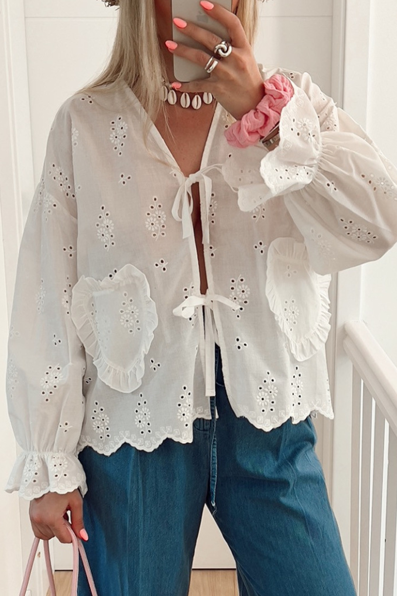 Women's Eyelet Blouse - Lightweight Embroidered Fabric - Tie Front - Ruffled Cuffs - Relaxed Fit