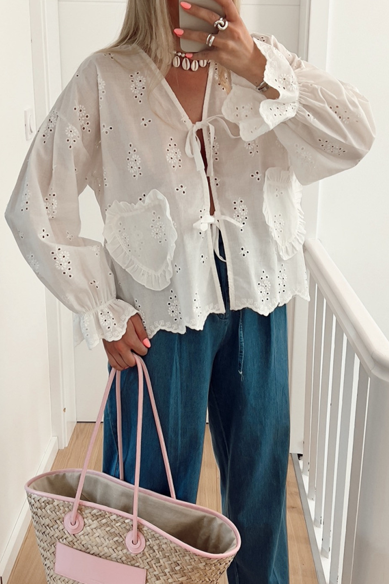 Women's Eyelet Blouse - Lightweight Embroidered Fabric - Tie Front - Ruffled Cuffs - Relaxed Fit