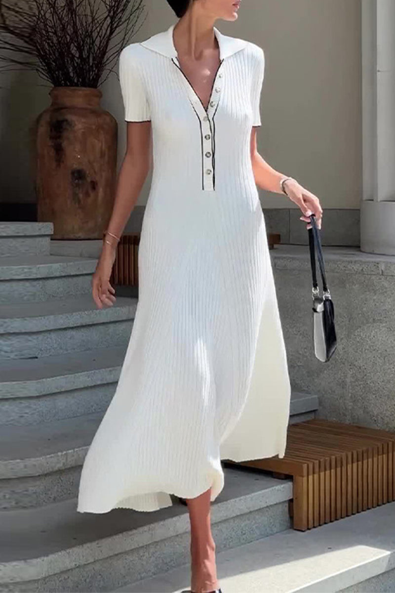 Women's Ribbed Knit Dress - Polo Collar - Button-Up Front - Short Sleeve Midi Length