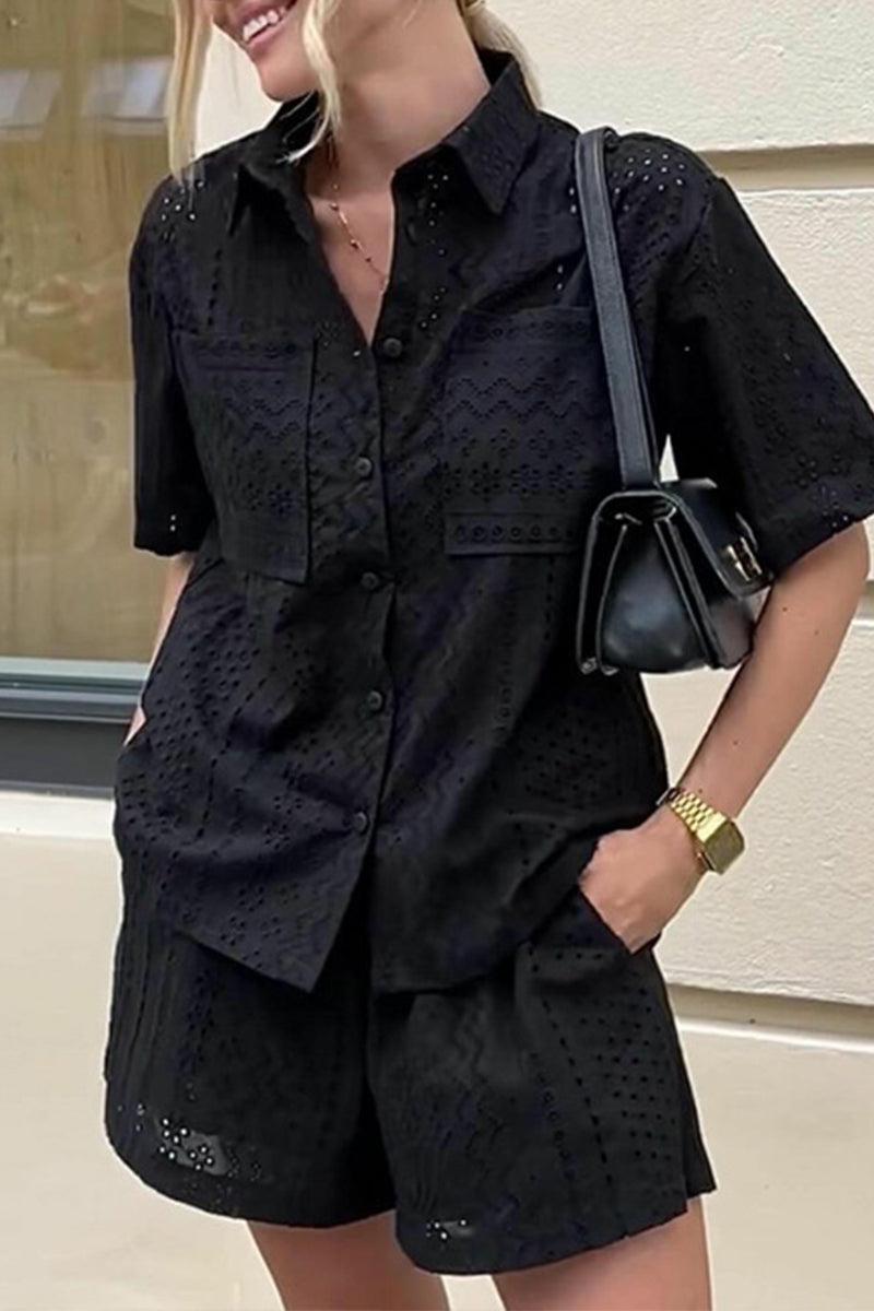 Sade - eyelet flower embroidery short sleeve shirt and shorts set