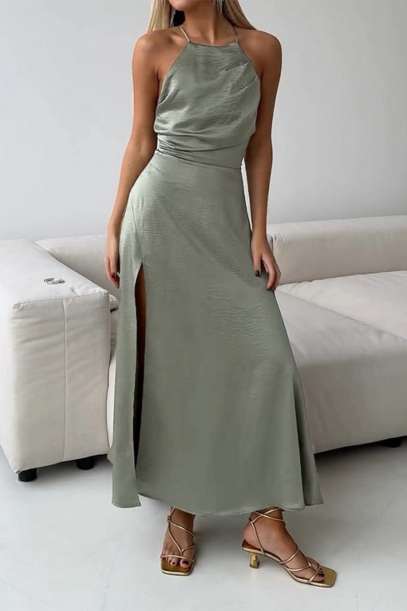 Women's Halter Maxi Dress - Sleeveless Draped Fit - Flowy Cinched Waist Elegant Wear