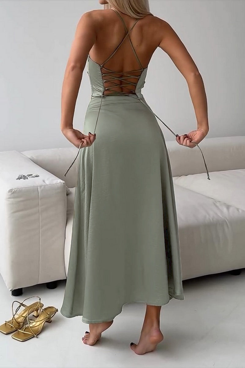 Women's Halter Maxi Dress - Sleeveless Draped Fit - Flowy Cinched Waist Elegant Wear