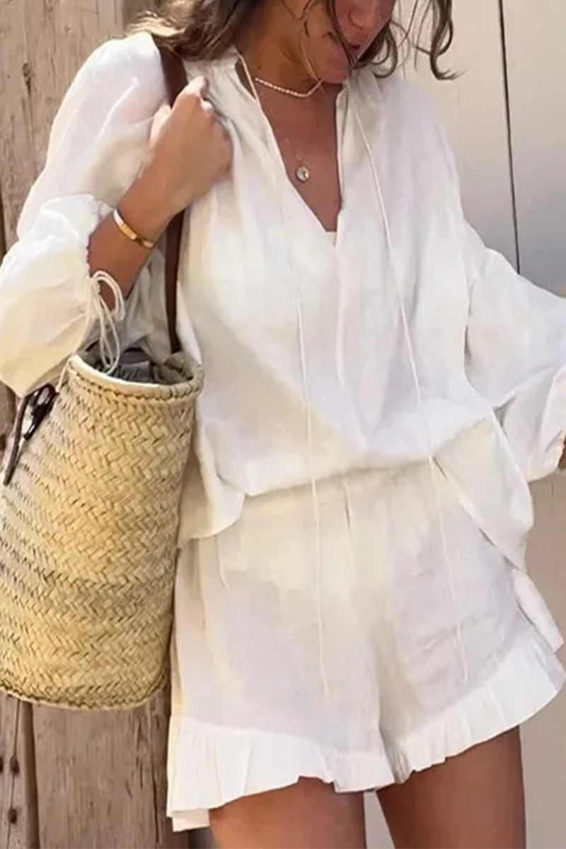 Women's Blouse Set - Loose Fit - Long Sleeve with Tie Cuffs - Lightweight Breathable Fabric