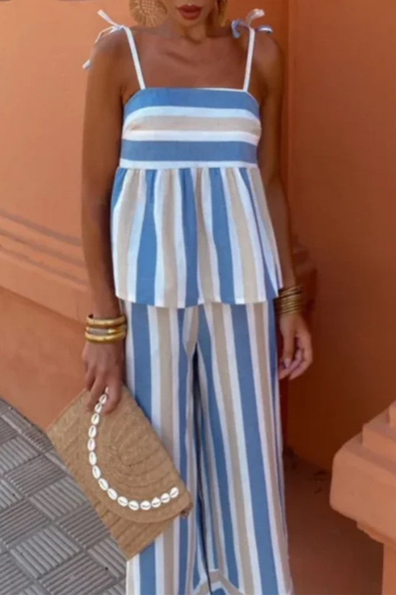 Women's Two-Piece Set - Sleeveless Tie-Strap Top & High-Waist Wide-Leg Pants
