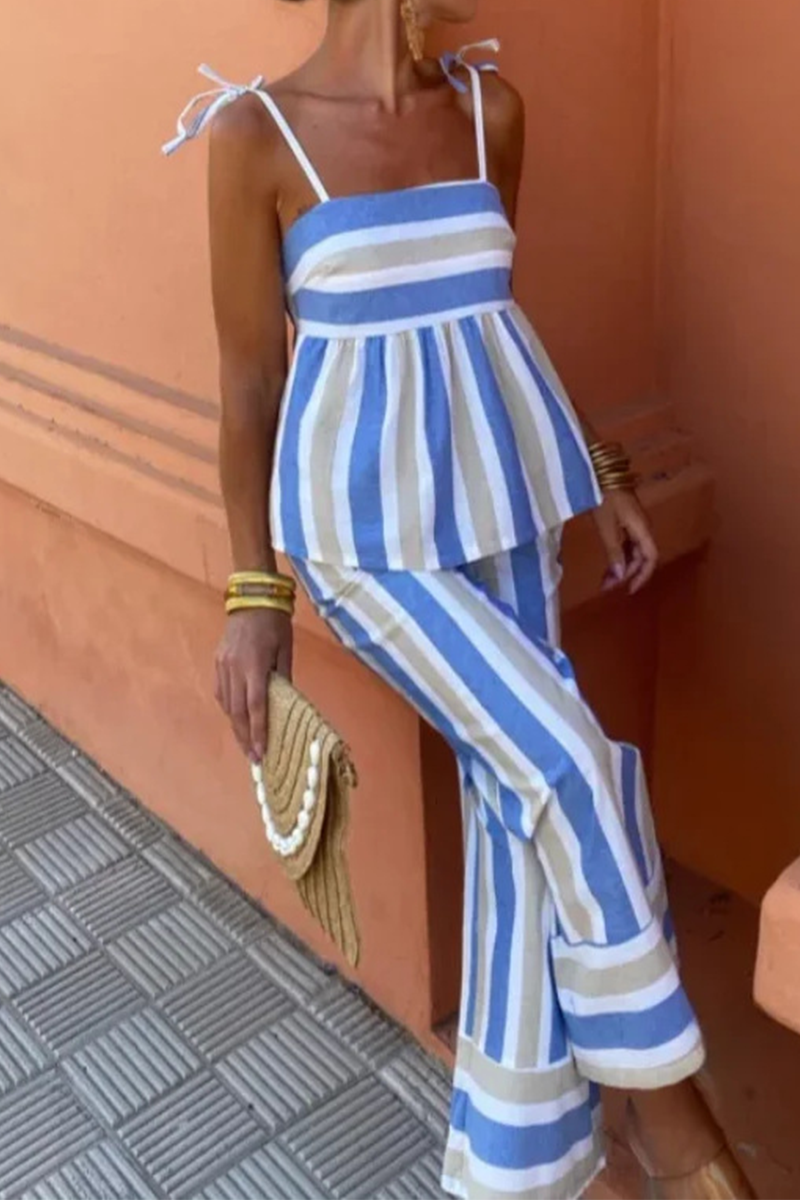 Women's Two-Piece Set - Sleeveless Tie-Strap Top & High-Waist Wide-Leg Pants