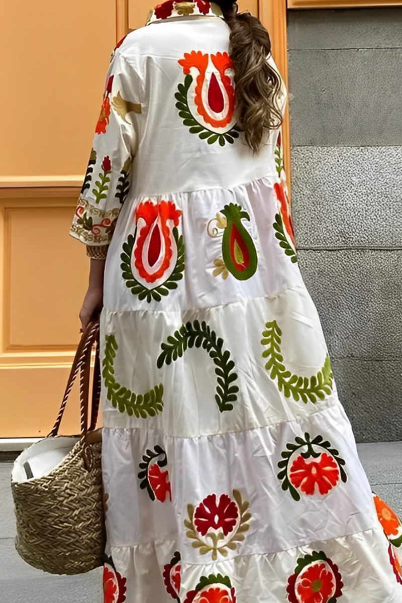 Women's Maxi Dress - Floral Print - Long Sleeve - Button-Up Collar - Loose Fit