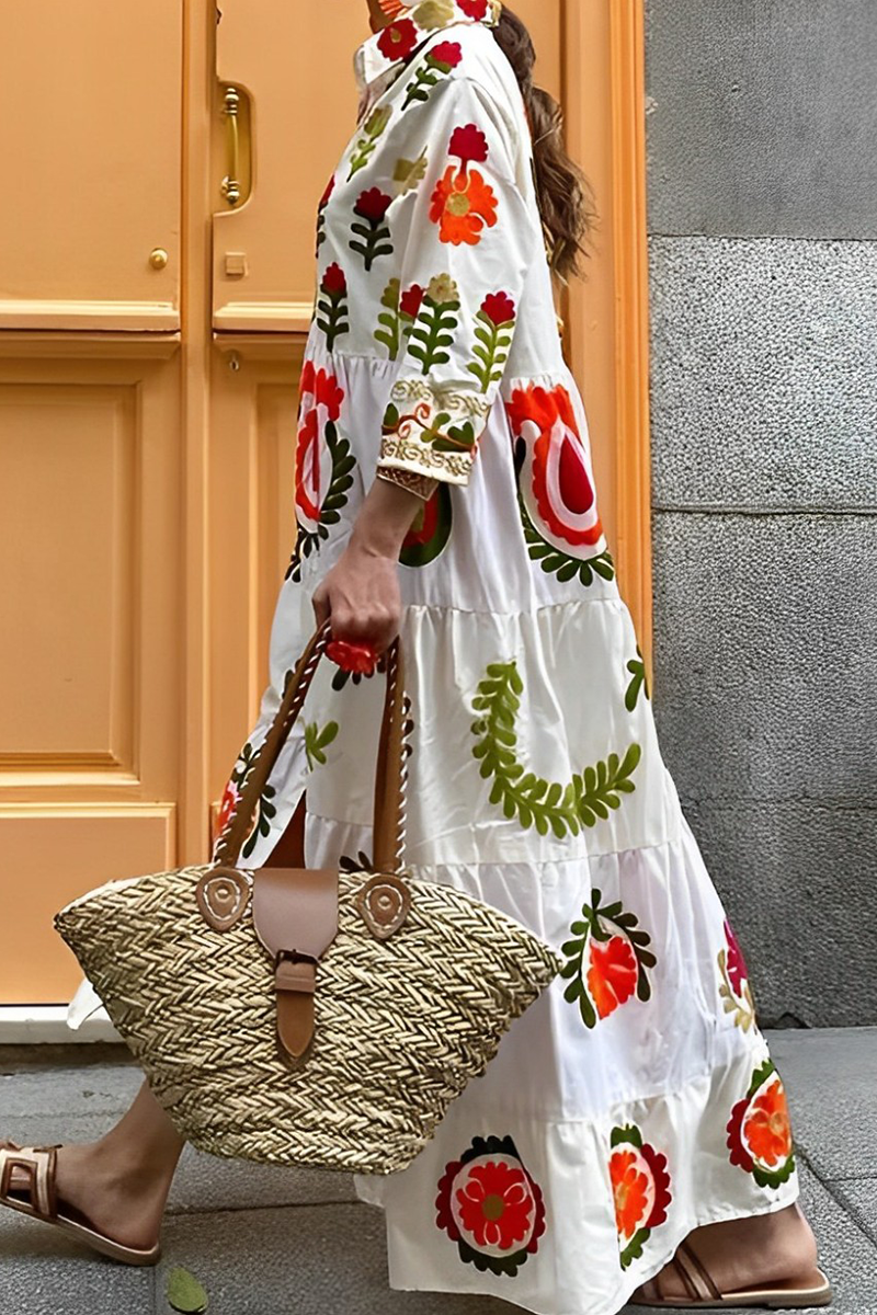 Women's Maxi Dress - Floral Print - Long Sleeve - Button-Up Collar - Loose Fit