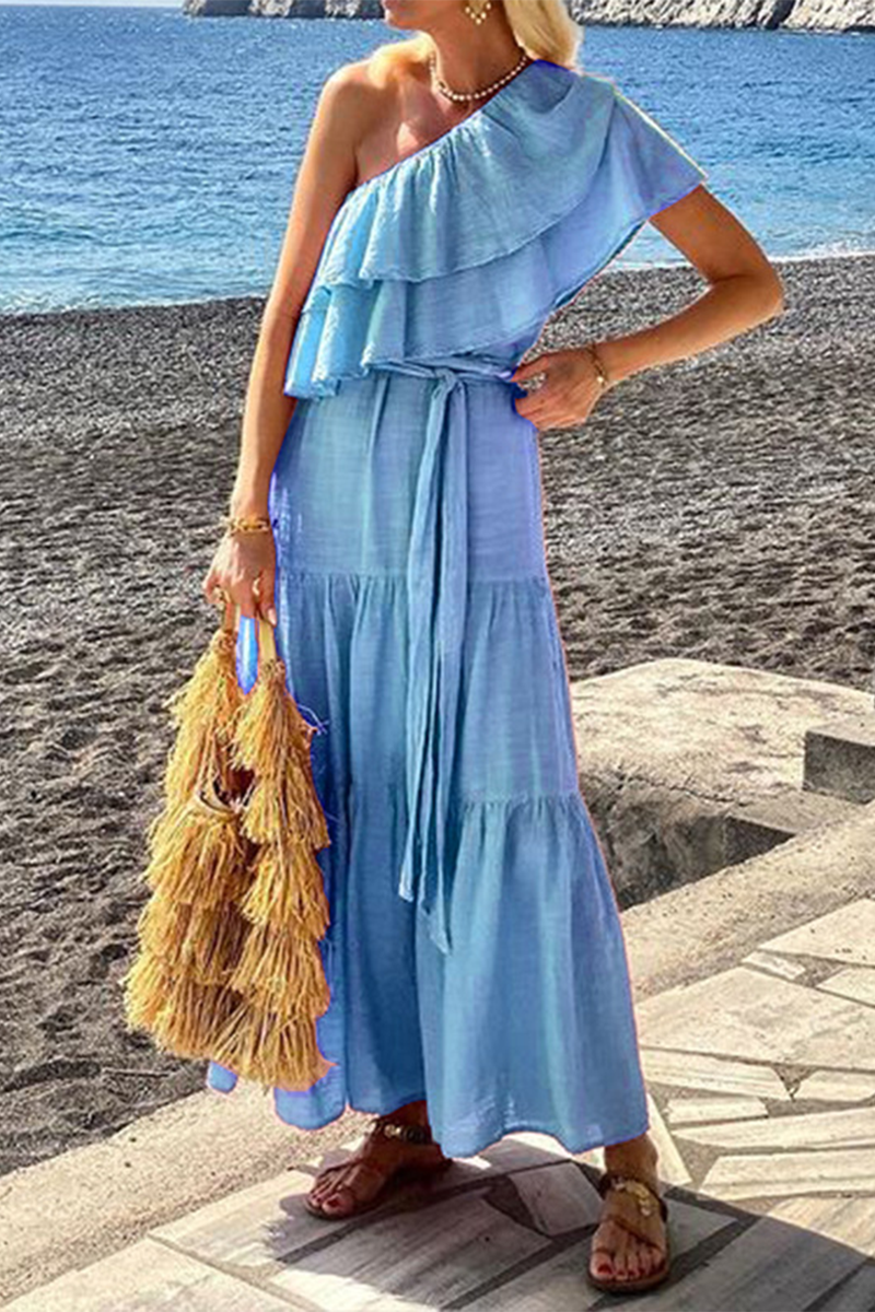 Ruffle Layered Flowy One-Shoulder Maxi Dress