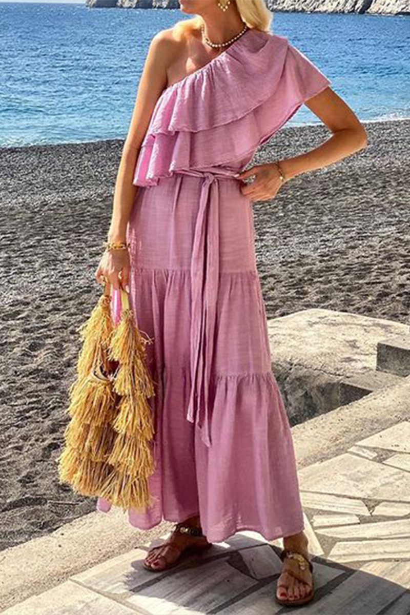 Ruffle Layered Flowy One-Shoulder Maxi Dress