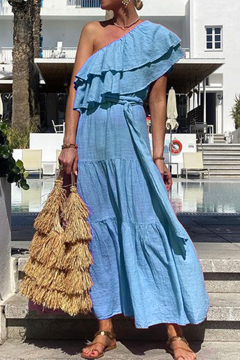 Ruffle Layered Flowy One-Shoulder Maxi Dress