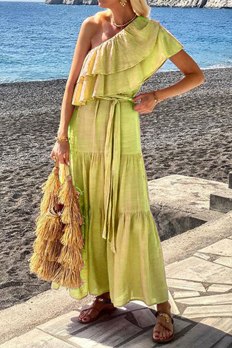 Ruffle Layered Flowy One-Shoulder Maxi Dress