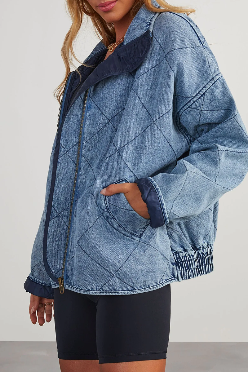 Women's casual solid color distressed zipper turndown collar coat