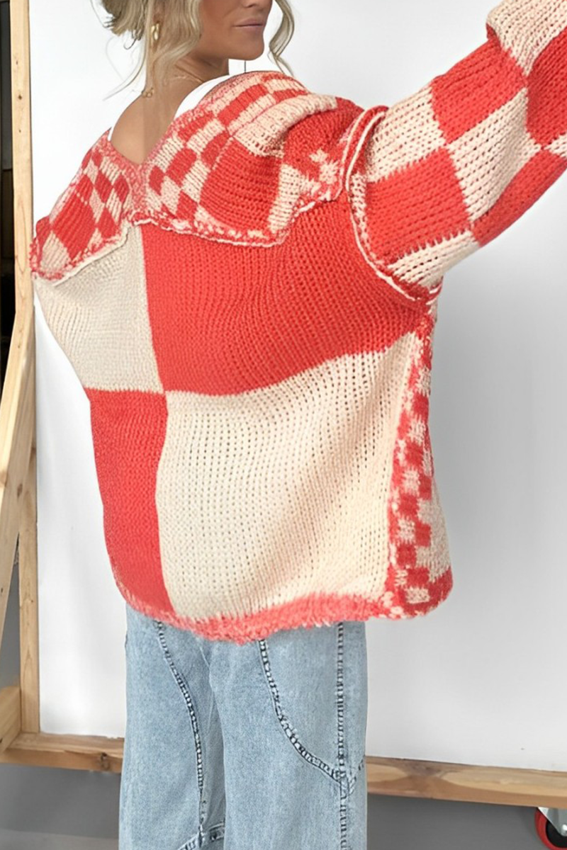 Women's Oversized Knitted Cardigan - Chunky Knit - Loose Fit - Checkerboard Pattern
