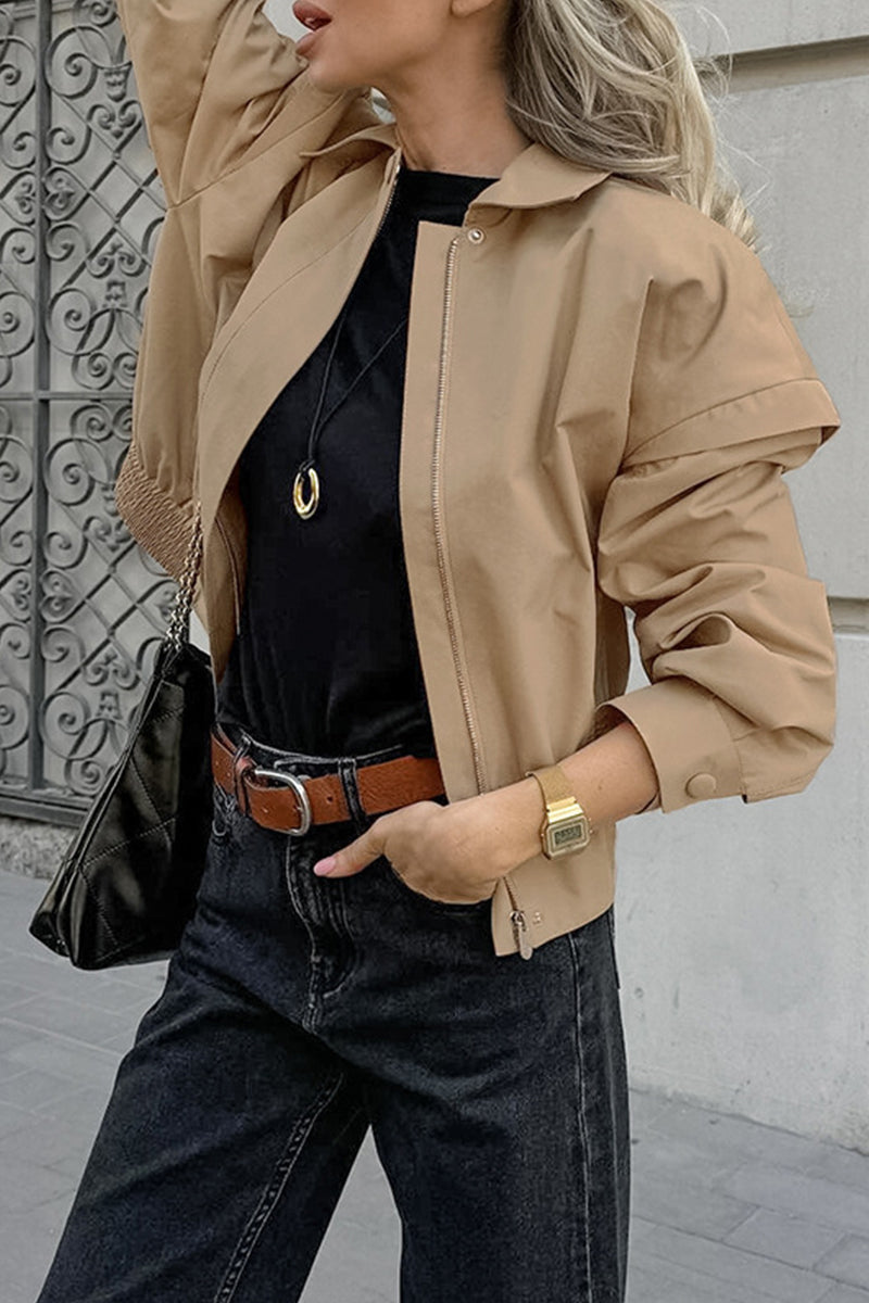 Women's french lapel zipper closure cargo jacket