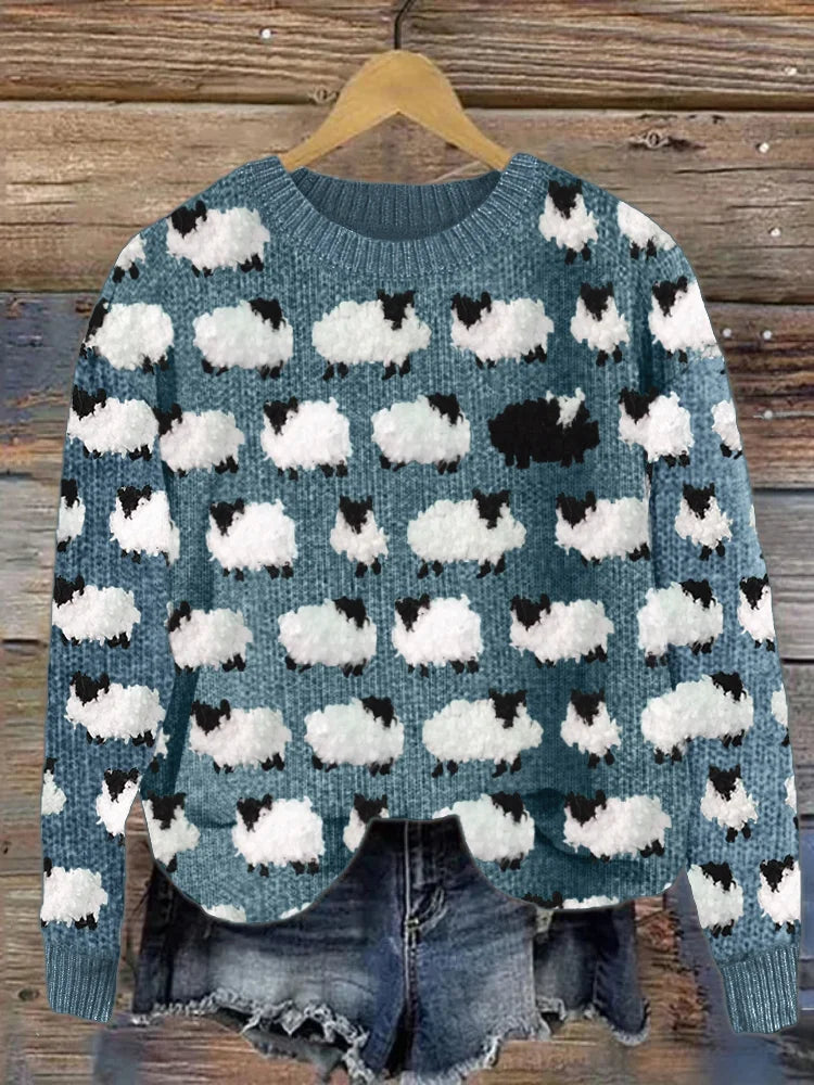 Women’s Pullover Sweatshirt – Relaxed Fit – Wool Knit – Crew Neck – Sheep Print Design