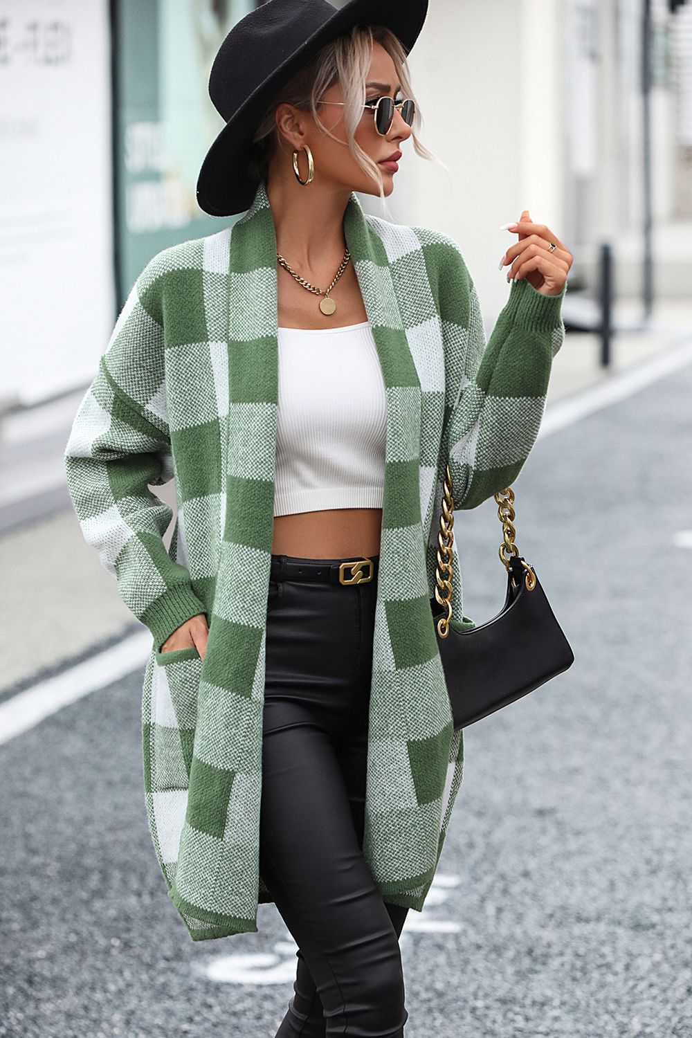 Plaid Dropped Shoulder Pocket Cardigan