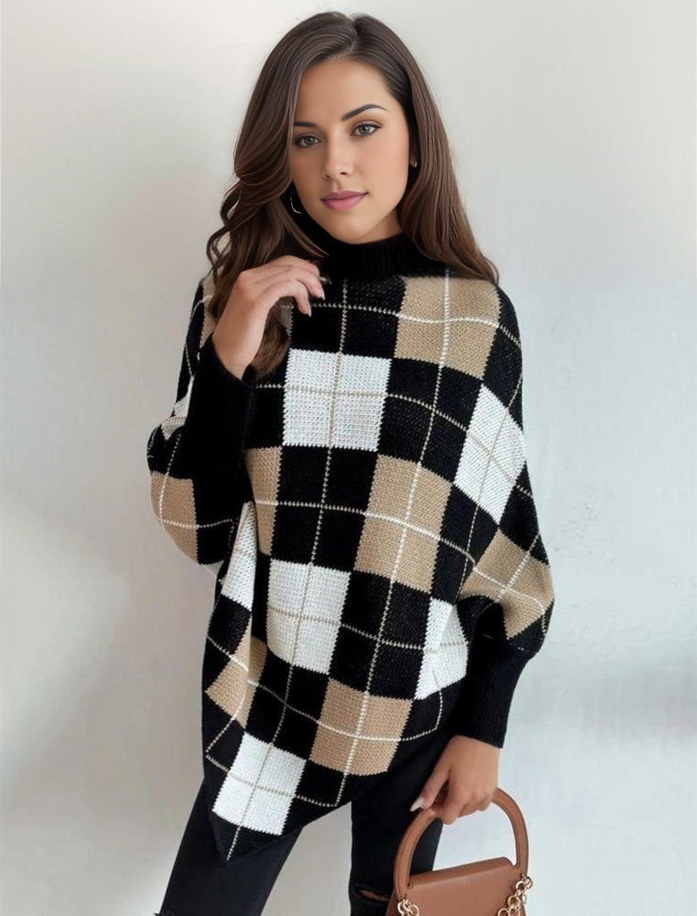Plaid Jacquard High Collar Cape Sweater