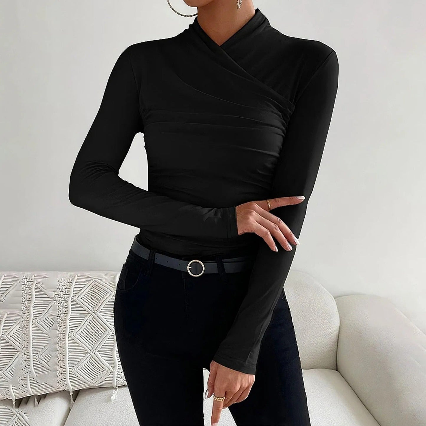 Women's Wrap Top - Long Sleeve Fitted Design - Elegant Draped Front