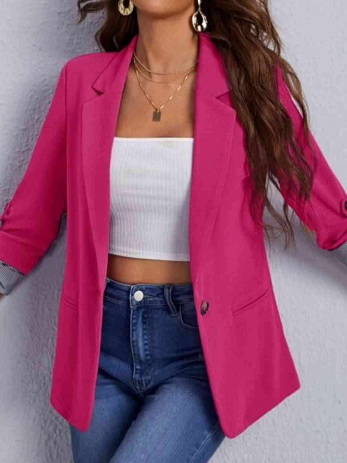 Women's Tailored Blazer - Notched Lapel - Three-Quarter Roll-Tab Sleeves - Open Front
