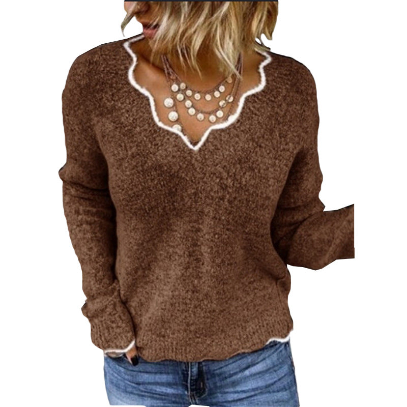 Women’s Sweatshirt – Relaxed Fit – Wool Knitted – Scalloped Neckline – Hip Length Pullover
