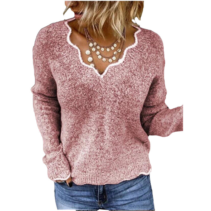 Women’s Sweatshirt – Relaxed Fit – Wool Knitted – Scalloped Neckline – Hip Length Pullover