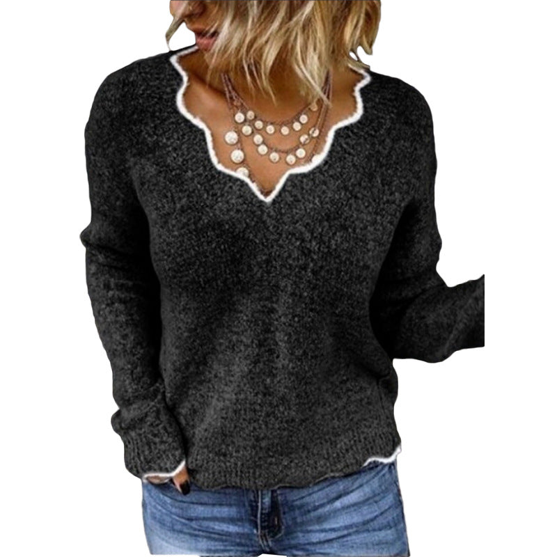 Women’s Sweatshirt – Relaxed Fit – Wool Knitted – Scalloped Neckline – Hip Length Pullover