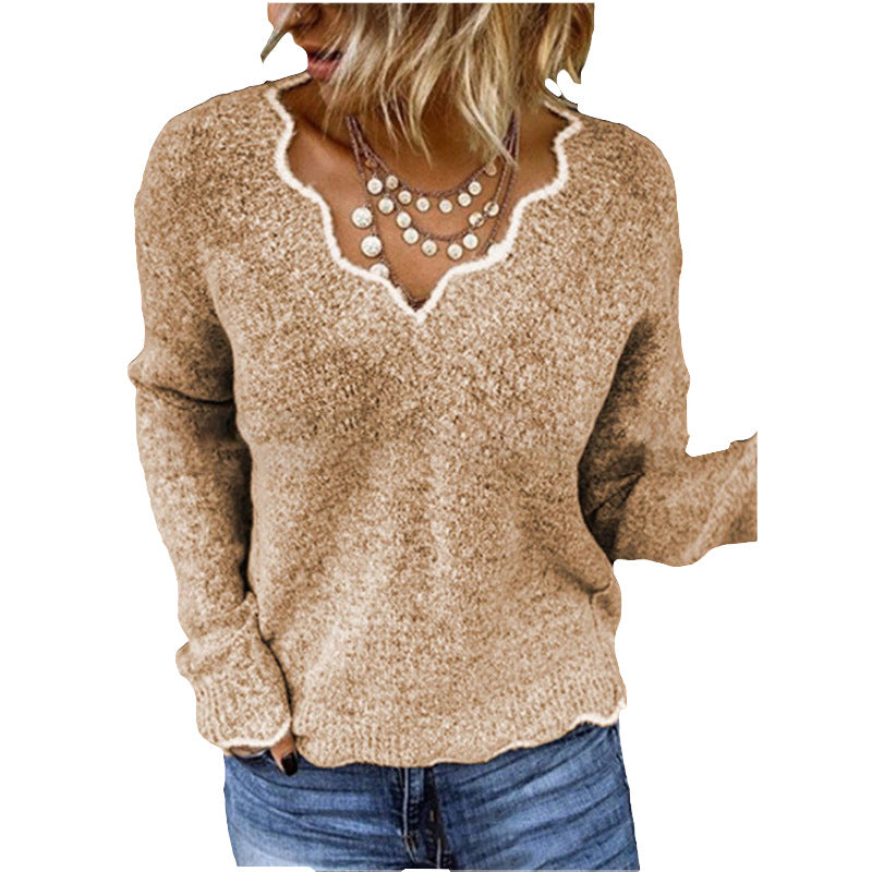 Women’s Sweatshirt – Relaxed Fit – Wool Knitted – Scalloped Neckline – Hip Length Pullover