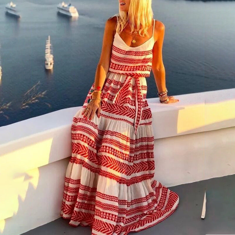 Women’s Maxi Dress - Bohemian Style - Spaghetti Straps - Flowy Ethnic Print