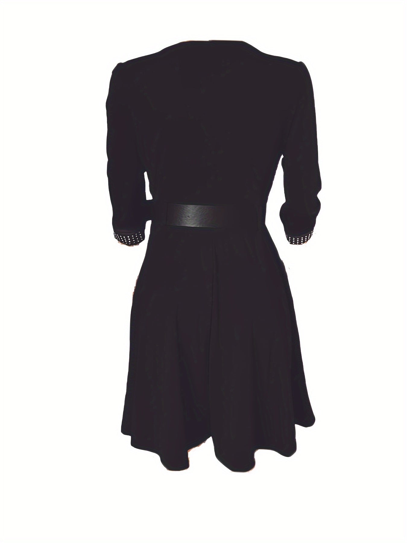 Women's V-Neck A-Line Dress – 3/4 Sleeve – Embellished Details – Belted Waist