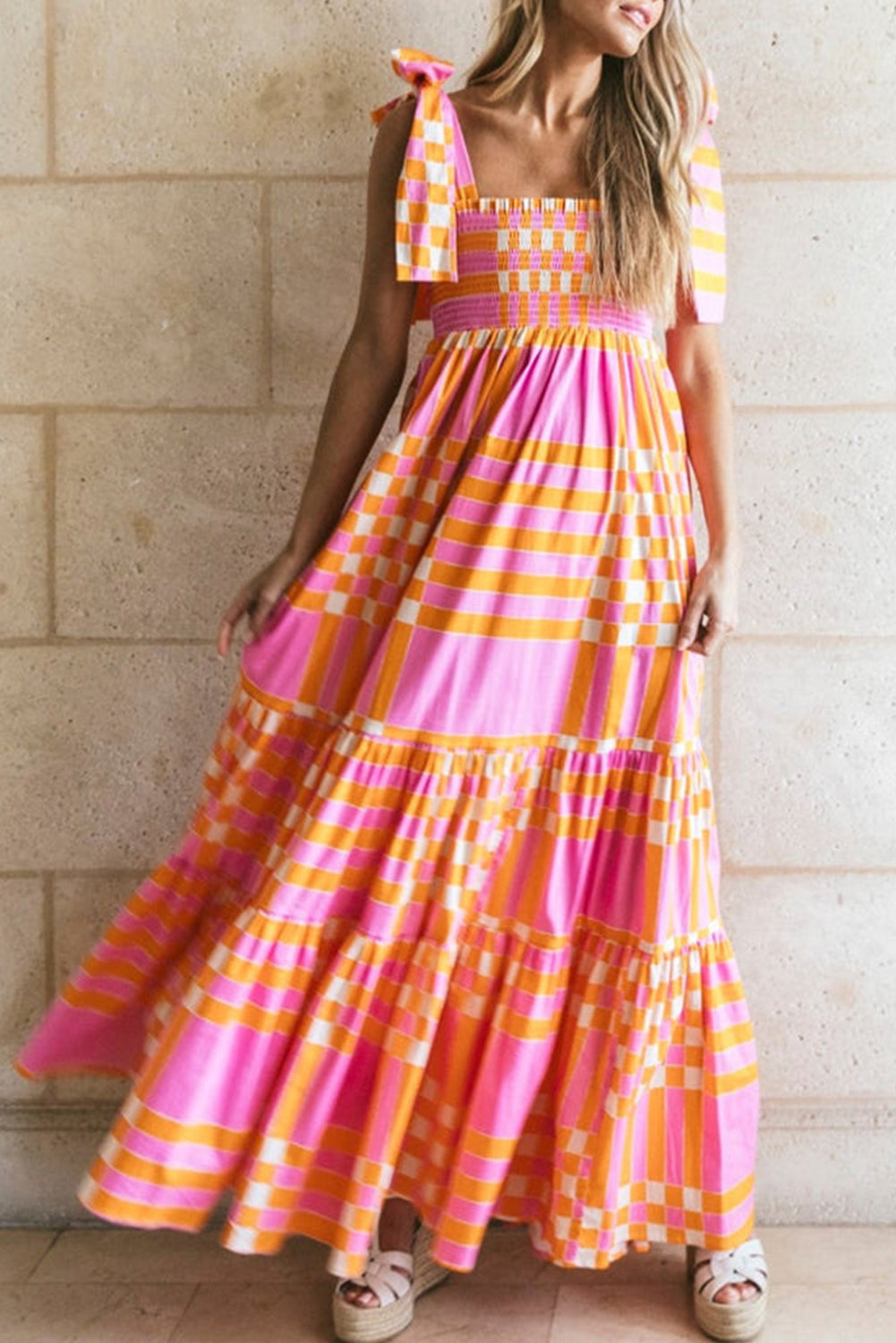 Women’s Maxi Dress – A-Line Fit – Bow Straps – Square Neck – Checkered Pattern