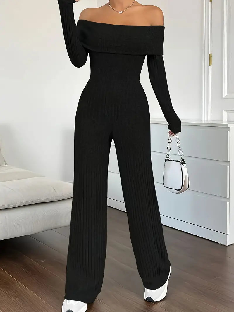 Ribbed Knit Off-Shoulder Wide-Leg Jumpsuit