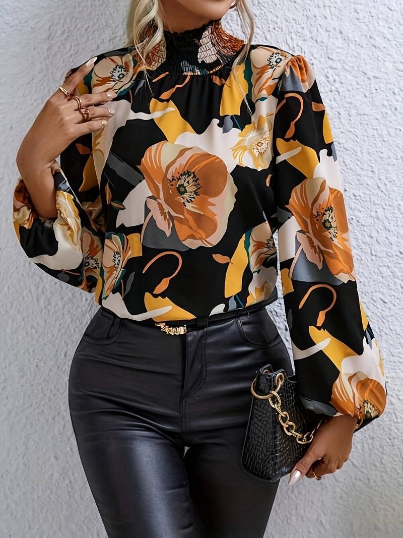 Elegant Floral Flowing Puff Sleeve Blouse