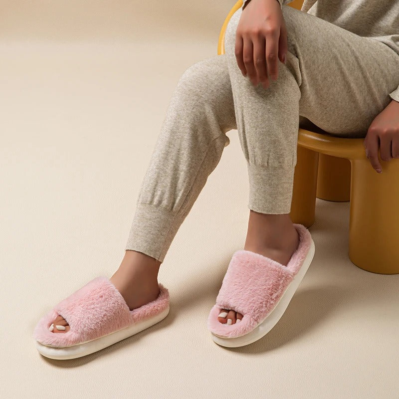 Women's thick plush open toe fur slippers