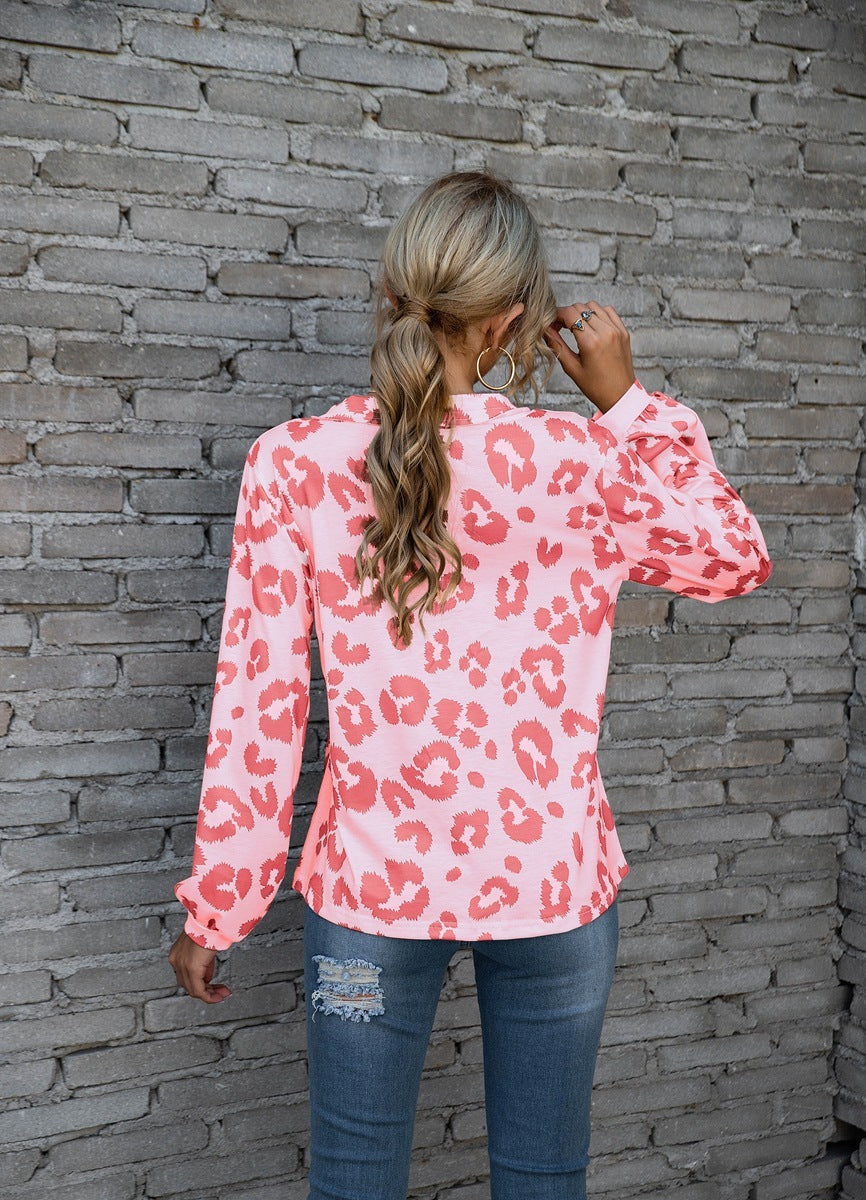 Women's Blouse - V-Neck Button Down - Long Sleeve Relaxed Fit - Animal Print