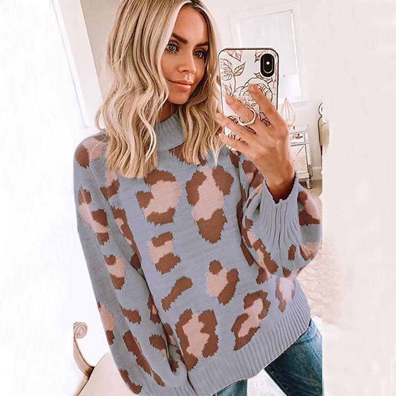 Women’s Sweater – Oversized Fit – Wool Blend Knit – Long Sleeve Leopard Print – Crew Neck