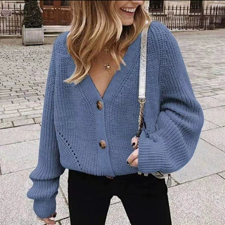 Women’s Cardigan Sweater – Chunky Knit Wool Blend – Relaxed Fit – Button Front V-Neck
