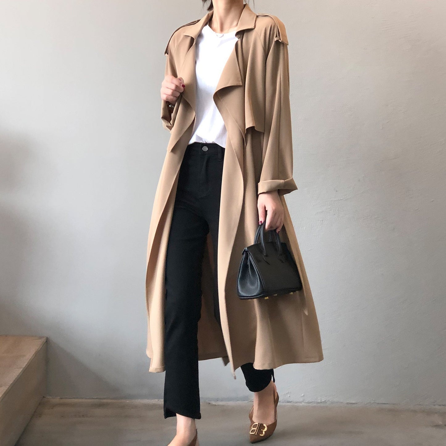 Women’s long trench coat with lapel collar