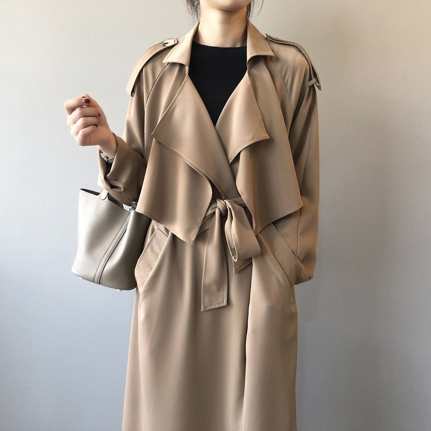 Women’s long trench coat with lapel collar
