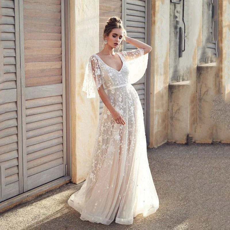 Women's Gown - A-Line Silhouette - Flutter Sleeves - V-Neck - Sheer Embroidered Fabric