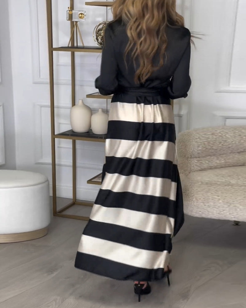 Belted Striped Flowing Button-Up Maxi Dress
